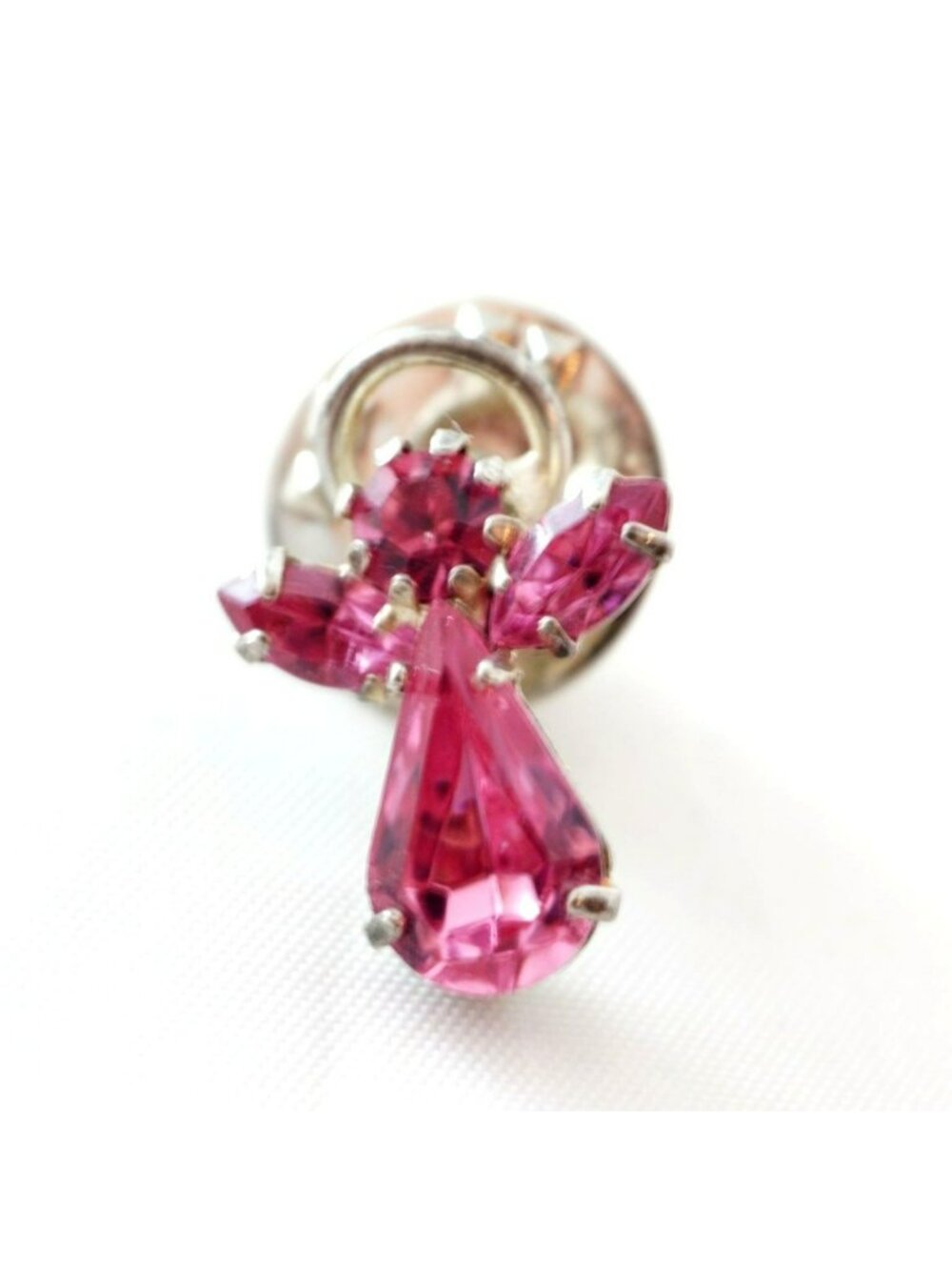 Pink Rhinestone Guardian Angel Lapel Silver-Tone Pin Vintage